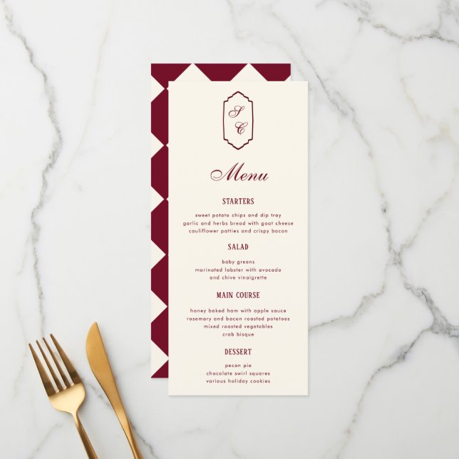 Elegant Retro Checkered Burgundy Wedding Menu (Front/Back In Situ)