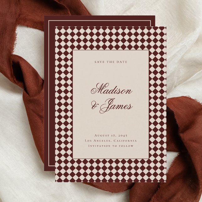 Elegant Retro Checkered Red Beige Wedding Save The Date (Creator Uploaded)