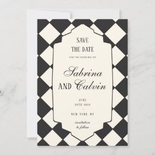 Elegant Retro Chequered Black And Cream Wedding Save The Date