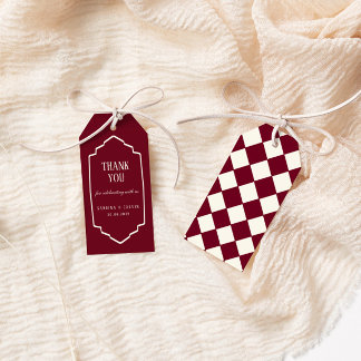 Elegant Retro Chequered Burgundy Wedding Gift Tags
