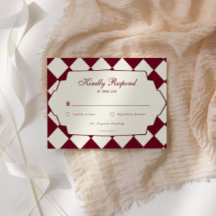 Elegant Retro Chequered Burgundy Wedding RSVP Card