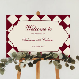 Elegant Retro Chequered Burgundy Wedding Welcome Poster