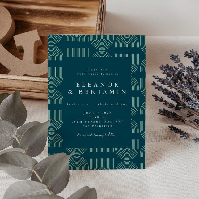 Elegant Retro Chic Arch Lines Teal Blue Wedding  Invitation (Creator Uploaded)