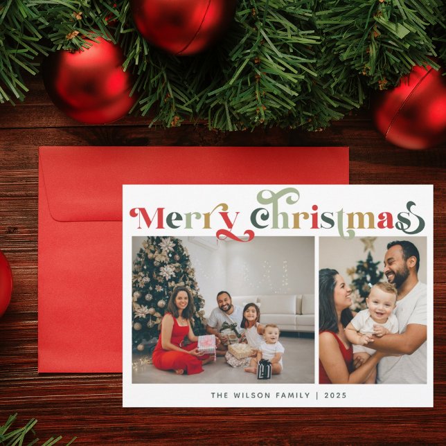 Elegant Retro Colourful 2 Photo Holiday Card (Creator Uploaded)