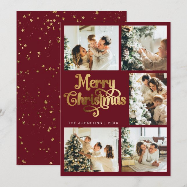 Elegant Retro Faux Gold Merry Christmas Family Holiday Card (Front/Back)