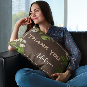 Elegant Retro Floral Custom Name Text Gift Brown Lumbar Cushion