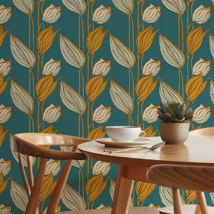 Elegant Retro Floral Wallpaper in Teal and Mustard