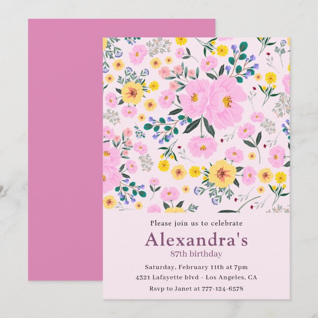 Elegant Retro Flowers 87th birthday invitations (Front/Back)