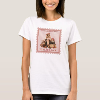 Elegant retro girl dusty pink roses reading a book T-Shirt