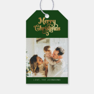 Elegant Retro Green and Gold Merry Christmas Photo Gift Tags