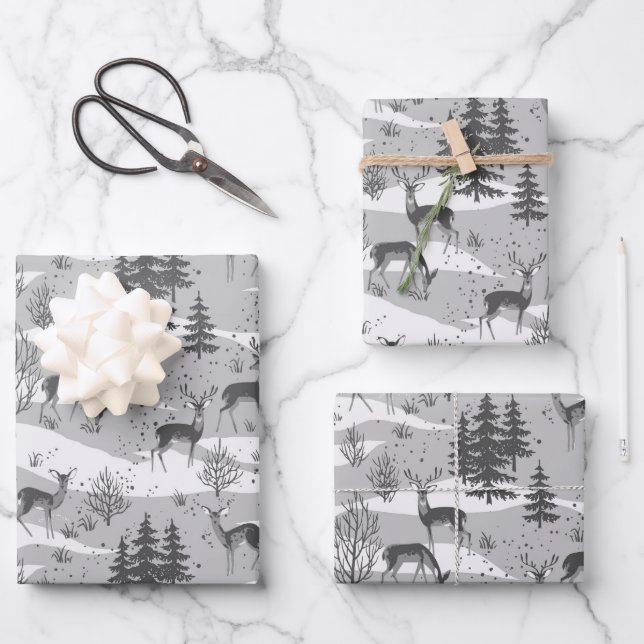 Elegant Retro Grey Woodland Deer Wrapping Paper Sheet (Front)