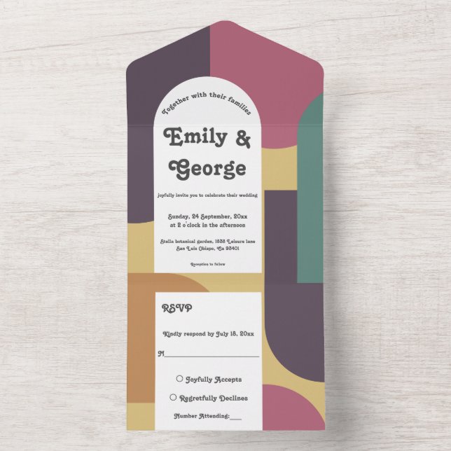Elegant Retro Groovy Colourful Abstract Wedding All In One Invitation (Inside)