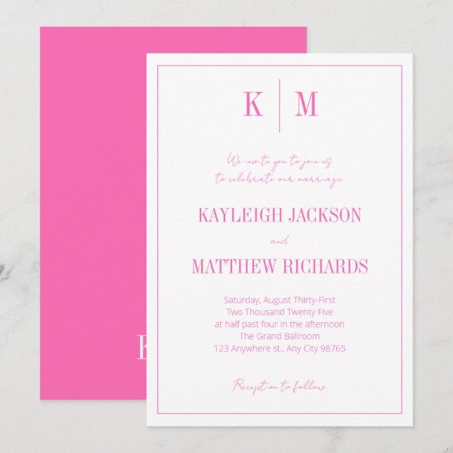 Elegant Retro Hot Pink Monogram Wedding  Invitation (Front/Back)