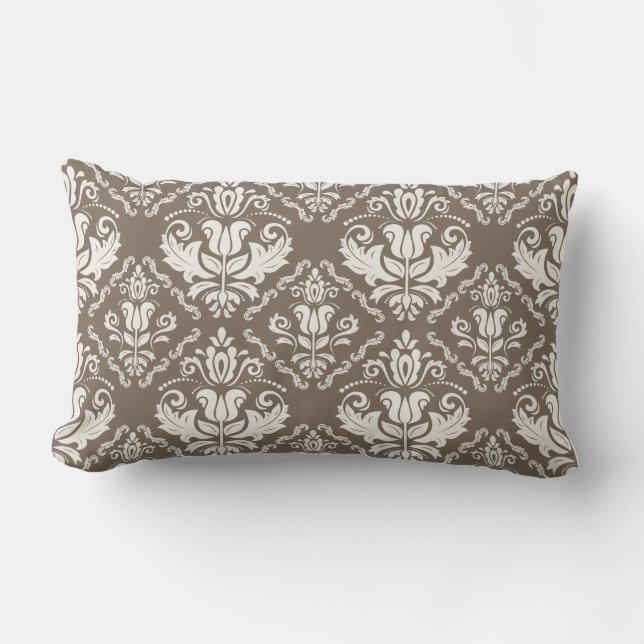 Elegant Retro Ivory Damask Brocade Brown Pattern Lumbar Cushion (Front)