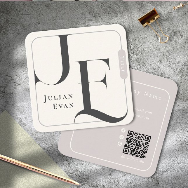 Elegant Retro Ivory White Monogram Square Business Card (Creator Uploaded)