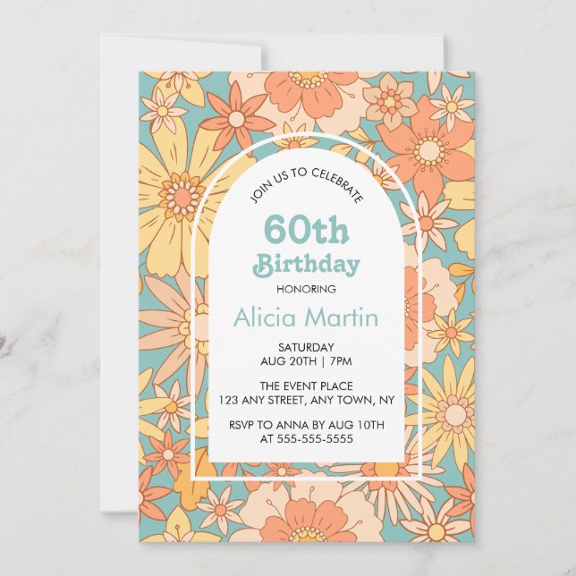 Elegant Retro Orange Peach Flora 60th Birthday Invitation (Front)