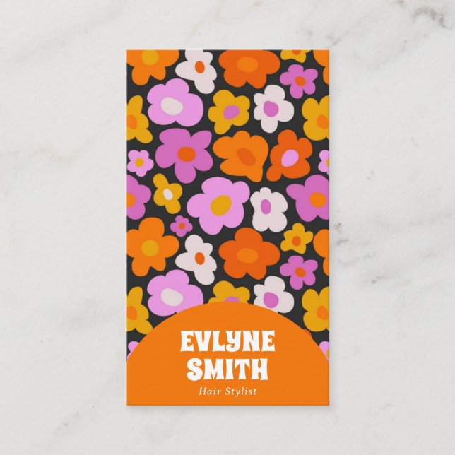 Elegant Retro Orange QR Code Boho Groovy Floral Business Card (Front)