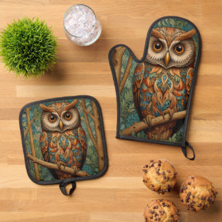 Elegant retro owl boho bohemian forest greenery  oven mitt & pot holder set