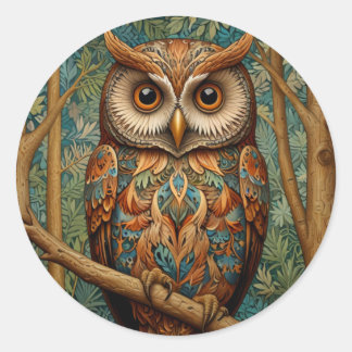 Elegant retro owl forest greenery classic round sticker