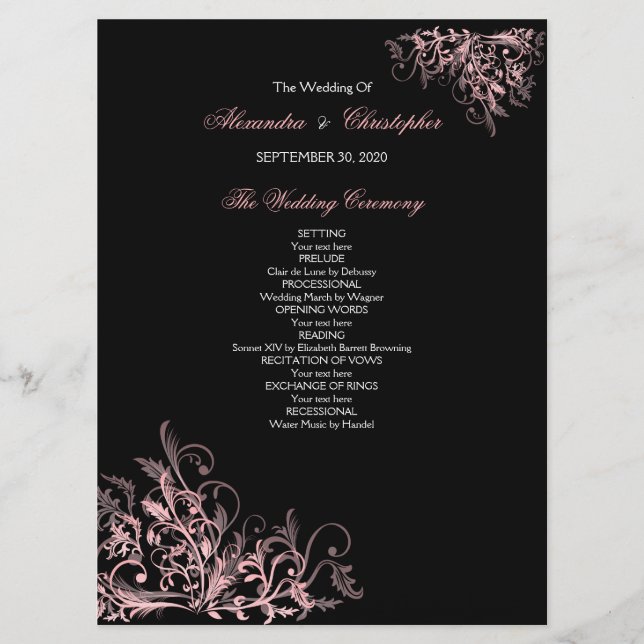 Elegant Retro Pink Flower Swirl Wedding Program Programme (Front)