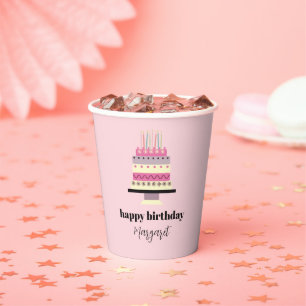 Elegant Retro Pink Girly Birthday Cake Paper Cups