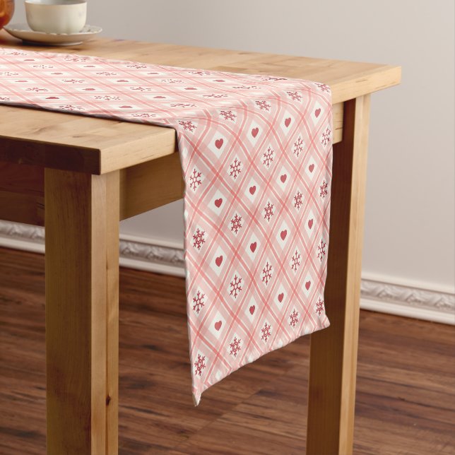 Elegant Retro Pink Snowflake And Red Heart Pattern Short Table Runner (In Situ)