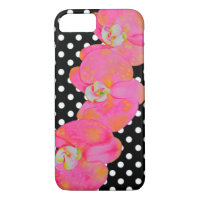 Elegant retro pink watercolor orchids polka dots