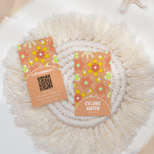 Elegant  Retro QR Code Groovy Floral Trendy Boho Business Card