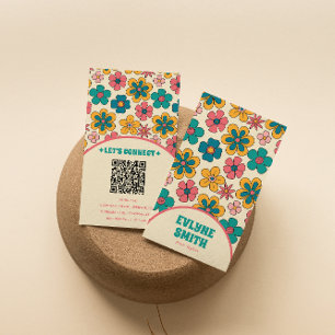 Elegant Retro QR Code Groovy Floral Unique Boho  Business Card