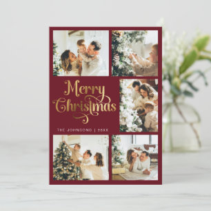 Elegant Retro Red & Gold Merry Christmas Family Holiday Card