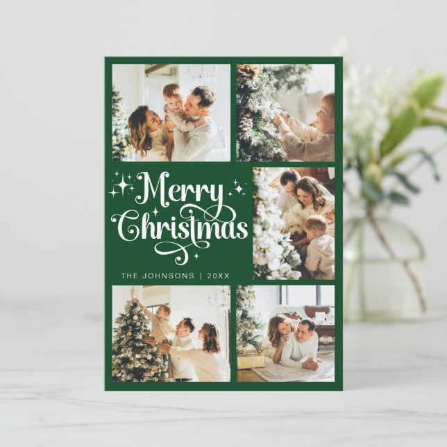 Elegant Retro Script Green Merry Christmas Family Holiday Card (Standing Front)