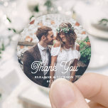 Elegant Retro Script & Photo Wedding Thank You Classic Round Sticker<br><div class="desc">Add an elegant personalised touch to wedding thank you cards and reception party favours with custom photo round stickers / envelope seals. The picture and all wording on this template are simple to personalise. "Thank you" can be changed to love & thanks, welcome, the couple's initials, other text, or it...</div>