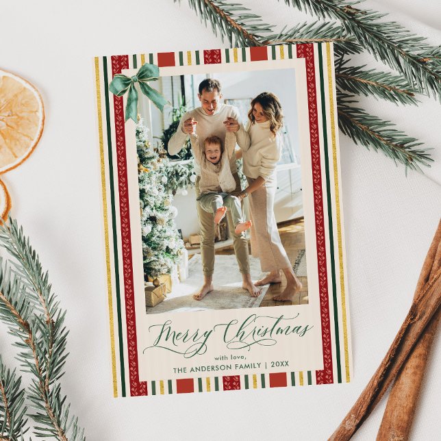 Elegant Retro Stripes Bow Merry Christmas 1 Photo Holiday Card (Creator Uploaded)