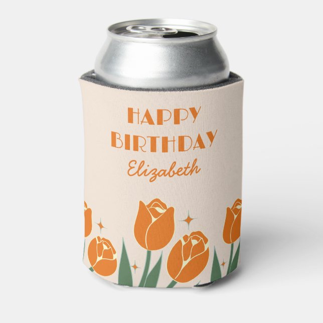 Elegant Retro Tulip Floral Orange Birthday  Can Cooler (Can Back)