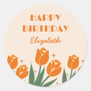 Elegant Retro Tulip Floral Orange Birthday  Classic Round Sticker