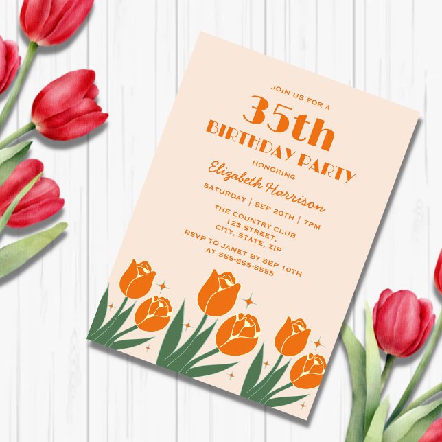 Elegant Retro Tulip Floral Orange Birthday  Invitation (Creator Uploaded)