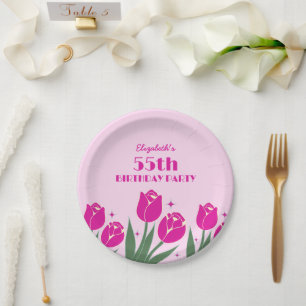 Elegant Retro Tulip Floral Pink Birthday Paper Plate