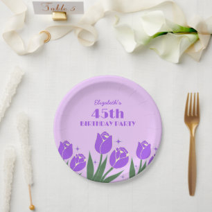 Elegant Retro Tulip Floral Purple Birthday Paper Plate