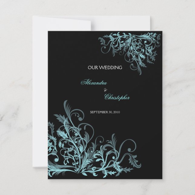 Elegant Retro Turquoise Flower Swirl Wedding Invitation (Front)