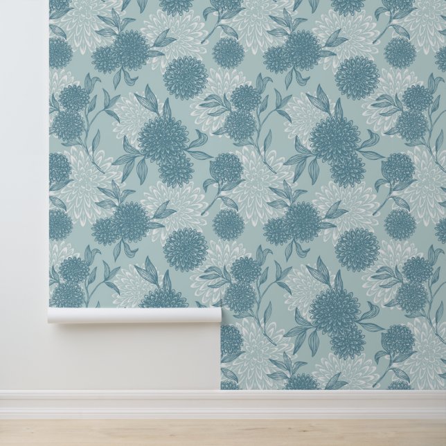 Elegant Retro Viburnum Floral Pattern Powder Blue  Wallpaper (Application)