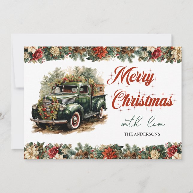 Elegant Retro vintage Christmas green truck Holiday Card (Front)