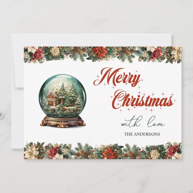 Elegant Retro vintage Christmas snow globe Holiday Card (Front)