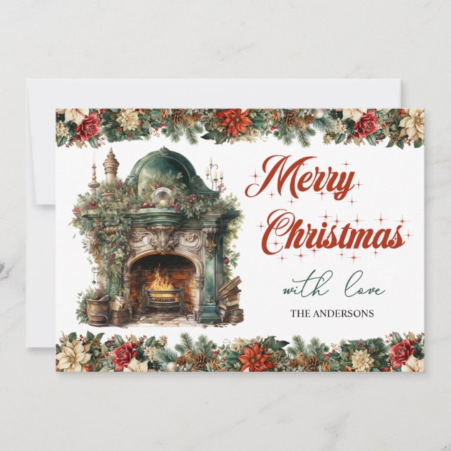 Elegant Retro vintage cosy Christmas fireplace Holiday Card (Front)