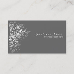 Elegant Retro White Flower Swirls Dark Grey Business Card