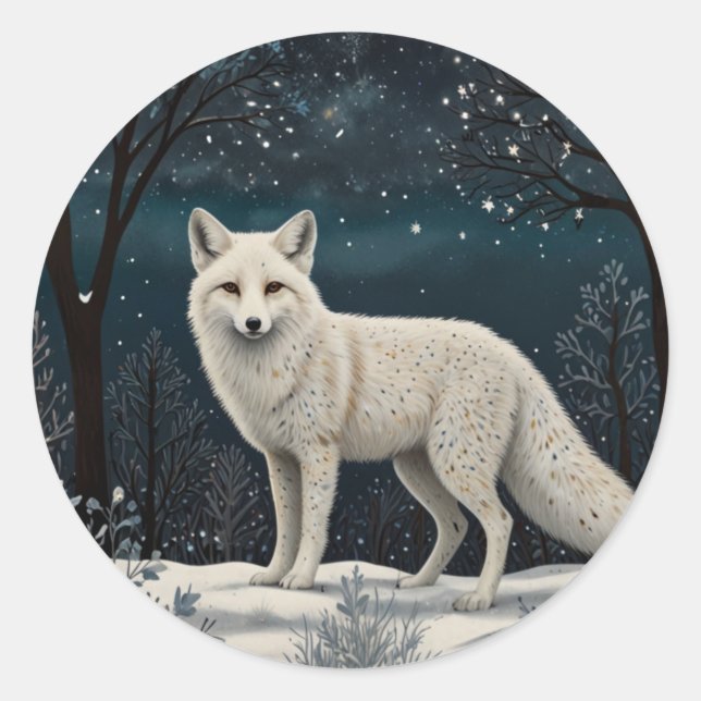 Elegant retro white winter fox classic round sticker (Front)