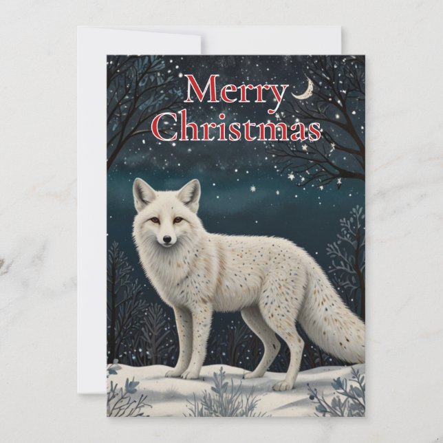 Elegant retro white winter fox holiday card (Front)