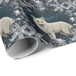 Elegant retro white winter fox sparkling snowflake wrapping paper