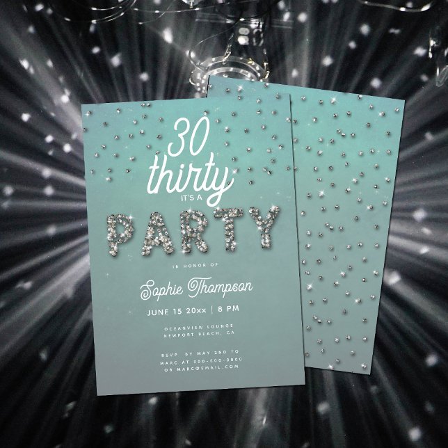 Elegant Rhinestones Glitter Aqua 30th Birthday Invitation (Creator Uploaded)