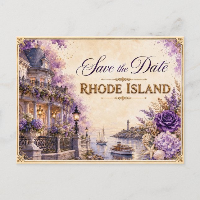 Elegant Rhode Island Save the Date Wedding Invite Postcard (Front)