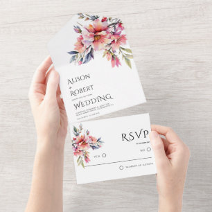 Elegant rhododenron peach-pink flowers wedding all in one invitation